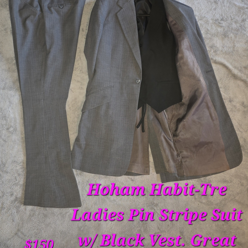 Gray Pinstripe Suit Jacket & Pants with Black Vest